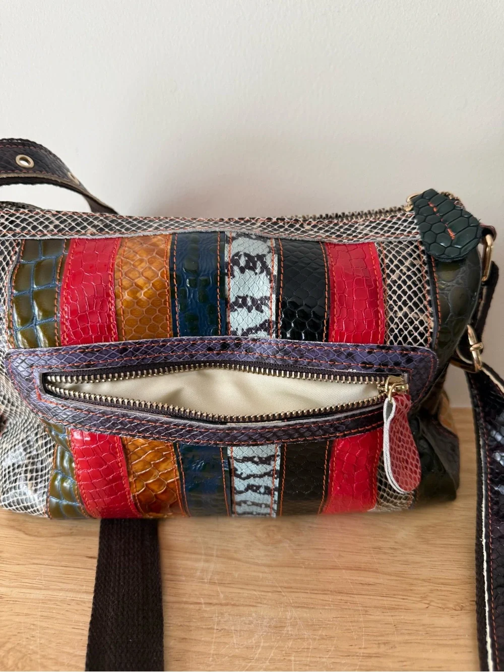 Chaos Patchwork Genuine Leather Crossbody Bag Multicolor Snake Croc Embossed